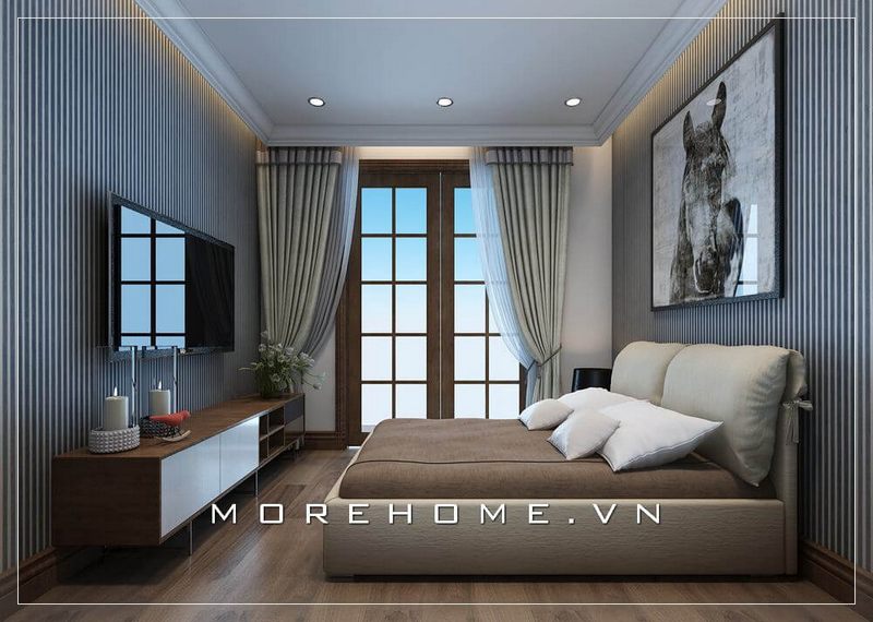 Giường ngủ chung cư với lối thiết kế đơn giản, hiện đại phù hợp đúng với công năng sử dụng của gia chủ